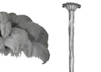 Colour sample for a Clérachic chandelier: mid-grey feathers next to a silver-finish stem, on a plain white backdrop.