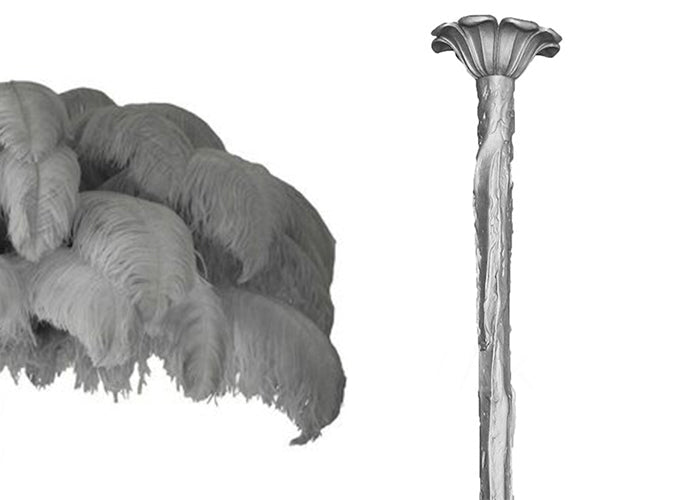 Colour sample for a Clérachic chandelier: mid-grey feathers next to a silver-finish stem, on a plain white backdrop.