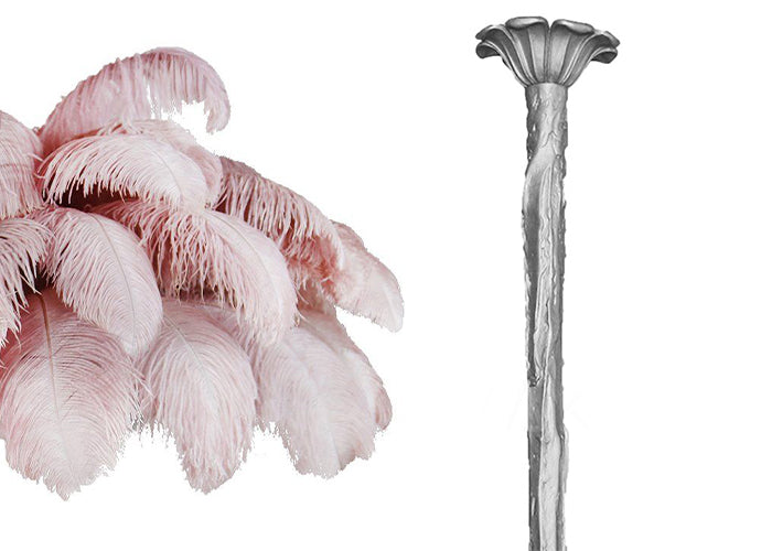 A cut-out of pale pink plumes paired with the silver-finish stem option, for this Clérachic chandelier.