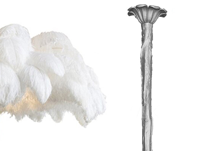 Swatch of white ostrich feathers beside the silver-finish stem and ceiling cup of this Clérachic chandelier.