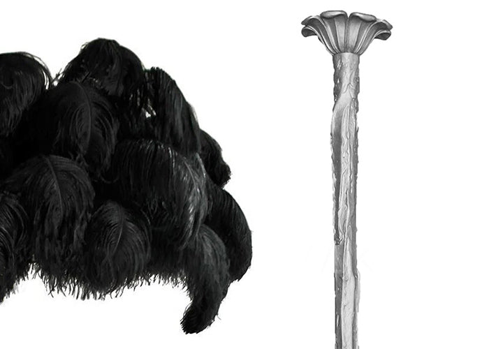 Black feather sample with the silver-finish carved stem, shown on white for this Clérachic chandelier.