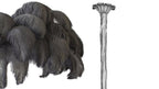 Colour sample for a Clérachic chandelier: charcoal-grey feathers next to a silver-finish stem, on a plain white backdrop.