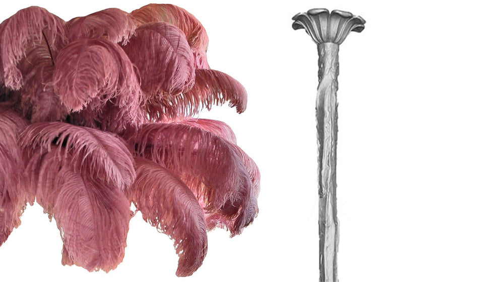 Swatch of raspberry-pink ostrich feathers beside the silver-finish stem and ceiling cup of this Clérachic chandelier.