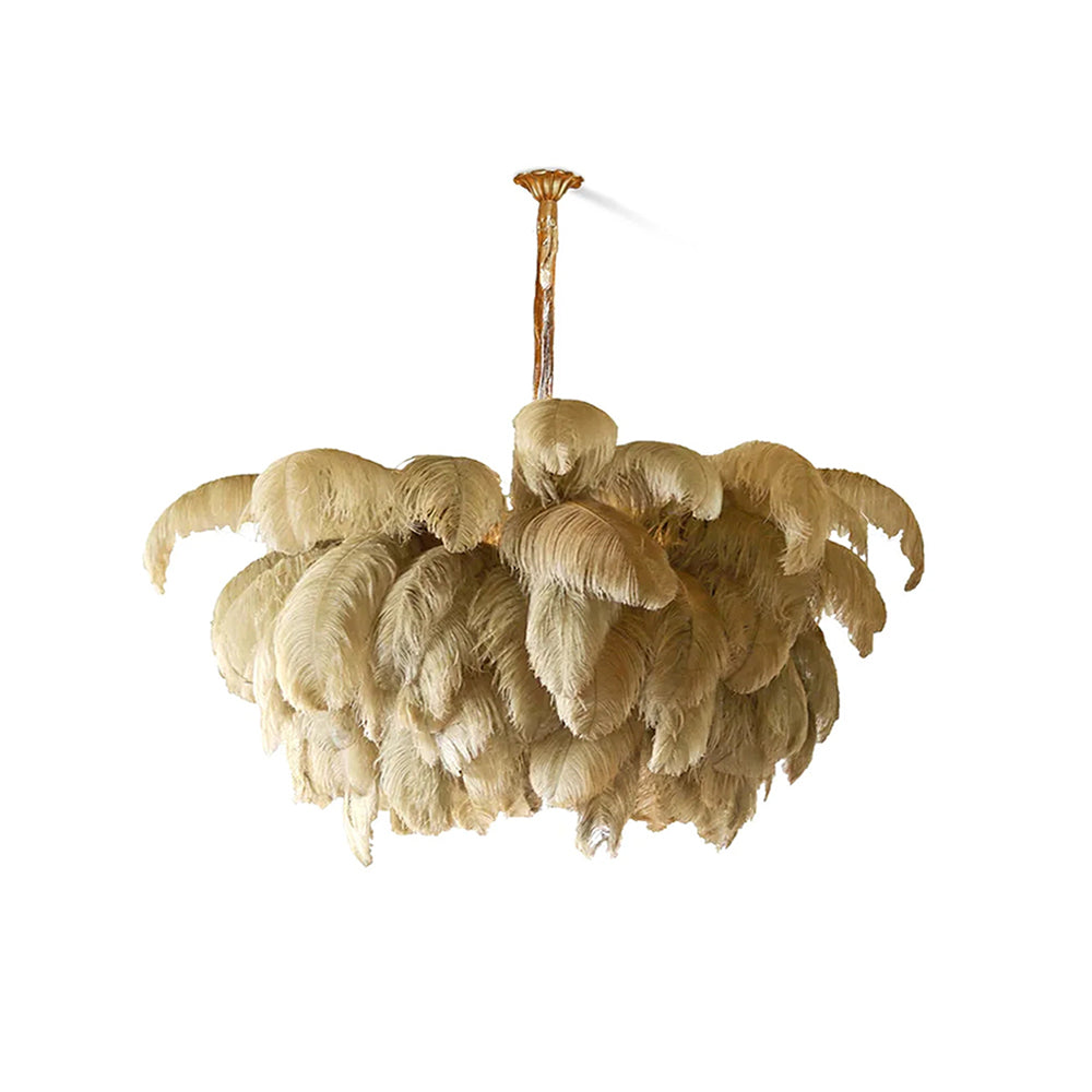 Close front view of this Clérachic chandelier in a natural sandy feather tone, the curled plumes layered like petals.