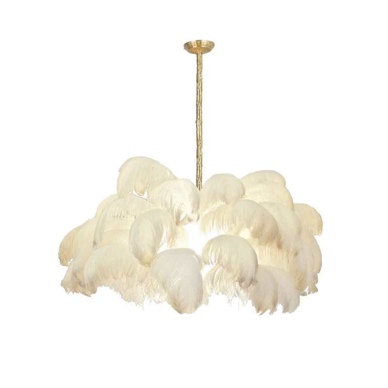 Cream-white feathers layer into a soft bowl shape on this Clérachic chandelier, hung from a brass stem on white.
