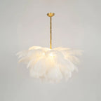 White plumes glow with soft light on this Clérachic chandelier, hung from a brass canopy and stem against a pale wall.