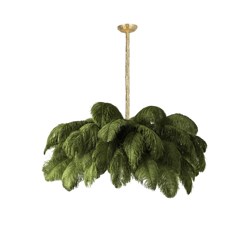 Olive-green feathers fan out in a low, wide shape on this Clérachic chandelier, hung from a brass stem on white.