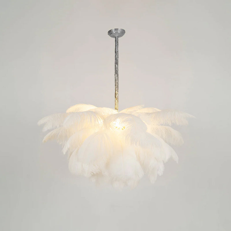 White feathers glow softly on this Clérachic chandelier, which has a silver-finish stem and a round ceiling cup.