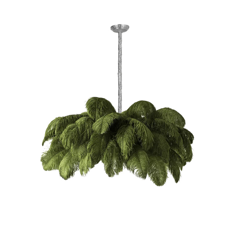 Olive-green feathers sweep out on this Clérachic chandelier, set off by a silver-finish stem and cup on white.