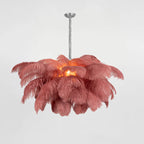Dusty-rose feathers are lit from within on this Clérachic chandelier, hung from a silver-finish stem on grey.