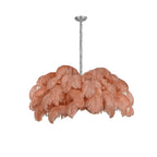 Peach-toned feathers form a rounded bowl on this Clérachic chandelier, hung from a silver-finish stem on white.