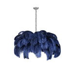Navy plumes hang in deep layers from the silver-finish stem of this Clérachic chandelier, cut out on white.