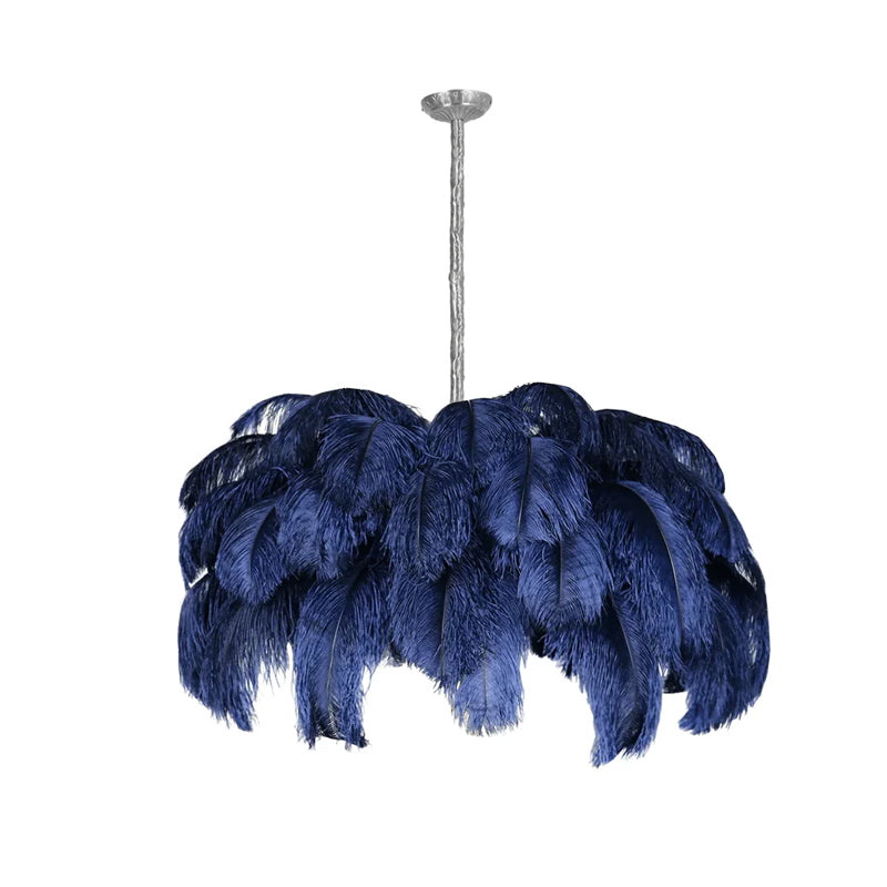 Navy plumes hang in deep layers from the silver-finish stem of this Clérachic chandelier, cut out on white.