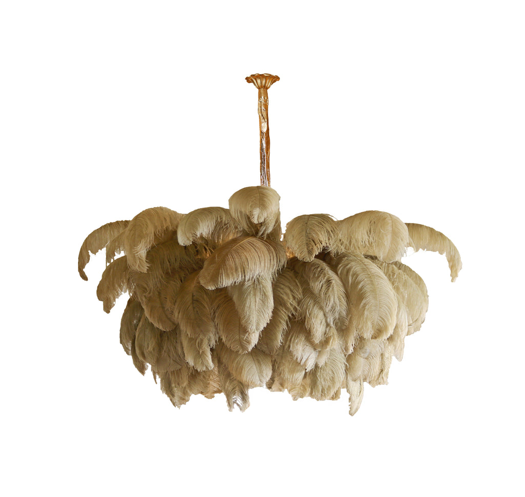 Natural-toned Clérachic feather chandelier with curled tips, on a short brass stem and a clean white backdrop.