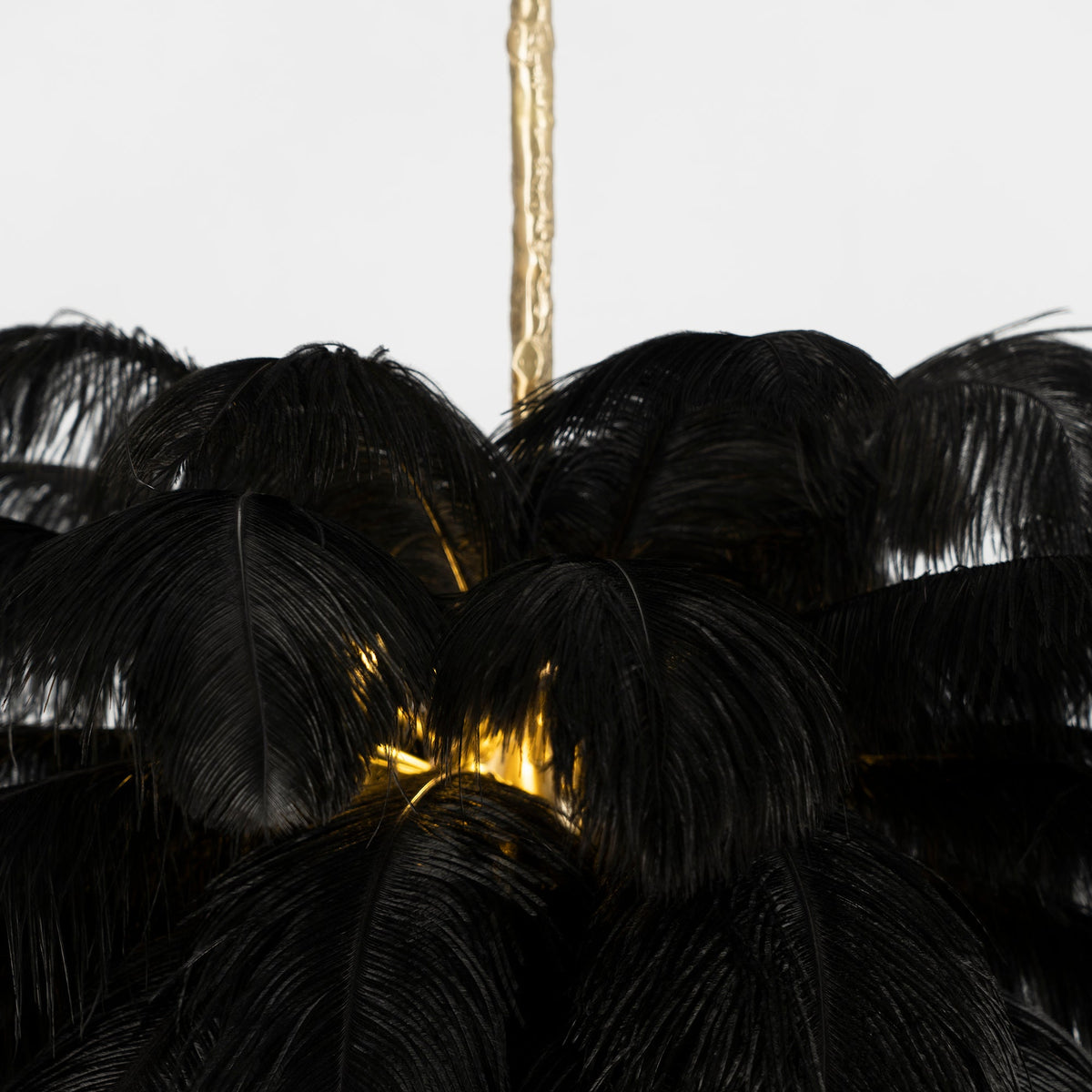 Close view of black feathers around the lit core of this Clérachic chandelier, with the brass stem at the top.