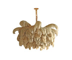 Natural feathers in a sandy tone on a small Clérachic chandelier, seen from slightly below on white.