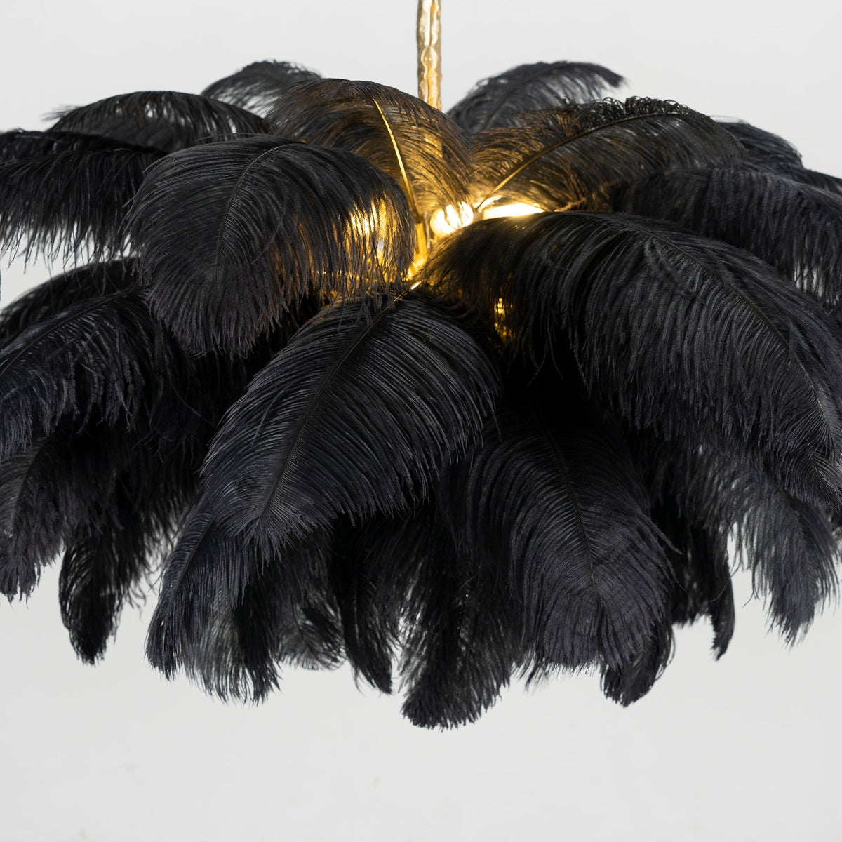 Black feathers spread over the full frame, with warm light at the centre of this Clérachic chandelier.