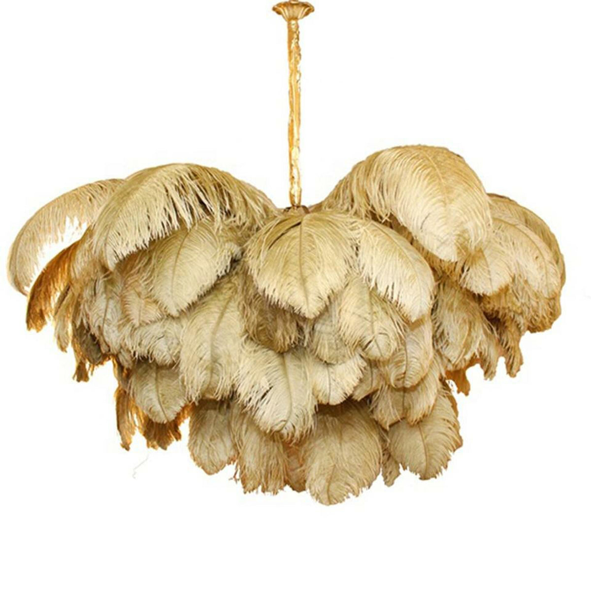Gold-toned feathers with darker tips layer thickly on this Clérachic chandelier, from a brass stem on white.