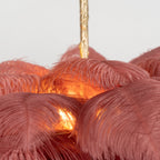 Warm light shines through the dusty-rose feathers at the core of this Clérachic chandelier.