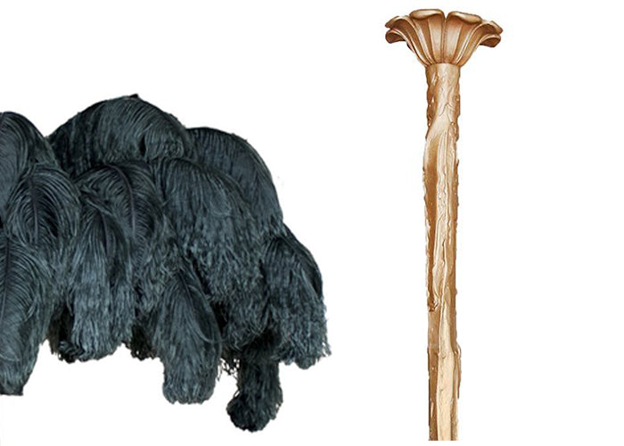 Slate-blue feather sample with the brass-finish carved stem, shown on white for this Clérachic chandelier.
