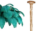 Colour sample for a Clérachic chandelier: teal-green feathers next to a brass-finish stem, on a plain white backdrop.