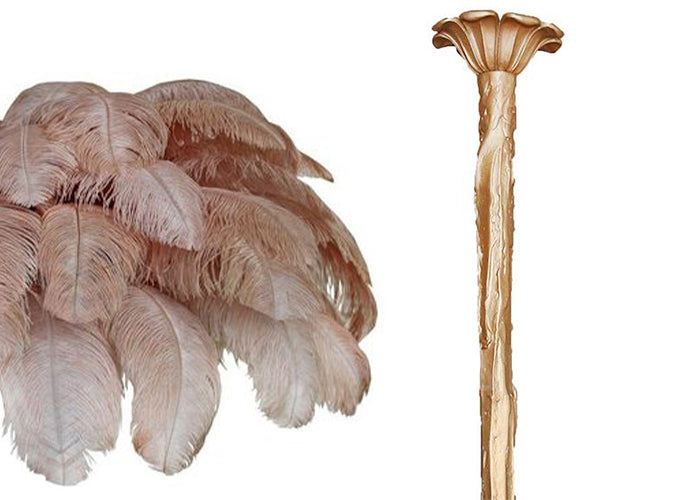 A cut-out of dusty blush plumes paired with the brass-finish stem option, for this Clérachic chandelier.