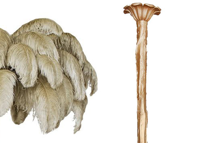 Sand feather sample with the brass-finish carved stem, shown on white for this Clérachic chandelier.