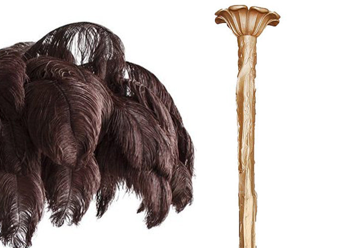 Swatch of chocolate-brown ostrich feathers beside the brass-finish stem and ceiling cup of this Clérachic chandelier.