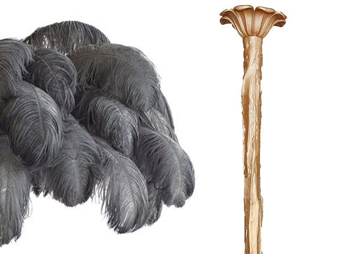 A cut-out of charcoal-grey plumes paired with the brass-finish stem option, for this Clérachic chandelier.