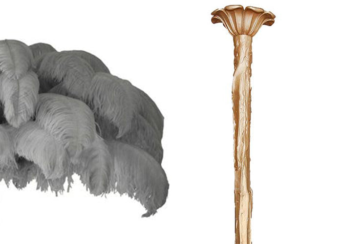 Colour sample for a Clérachic chandelier: mid-grey feathers next to a brass-finish stem, on a plain white backdrop.