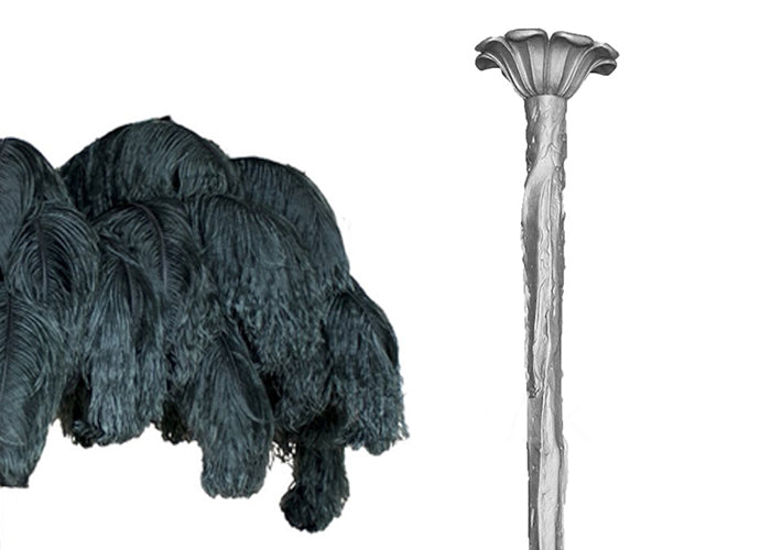Swatch of slate-blue ostrich feathers beside the silver-finish stem and ceiling cup of this Clérachic chandelier.