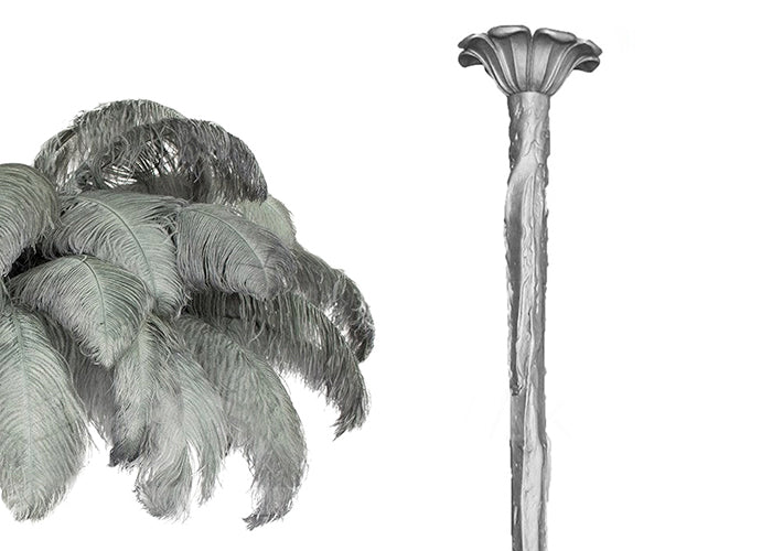Sage-grey feather sample with the silver-finish carved stem, shown on white for this Clérachic chandelier.