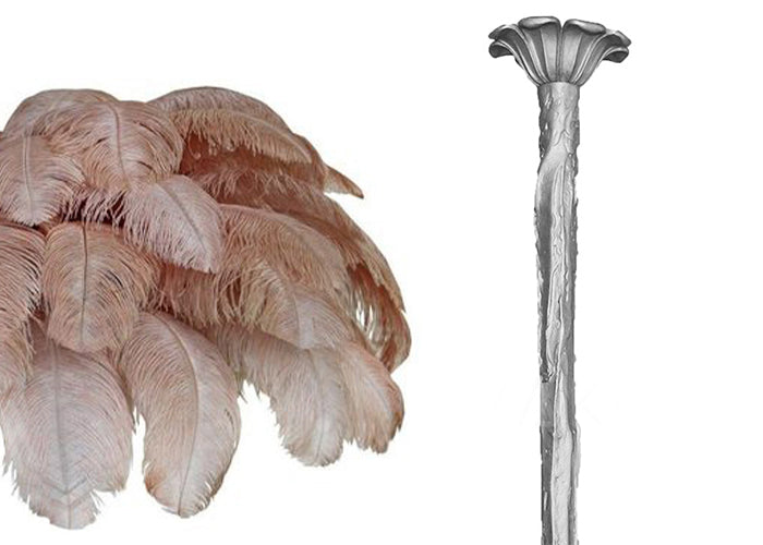 Colour sample for a Clérachic chandelier: dusty blush feathers next to a silver-finish stem, on a plain white backdrop.