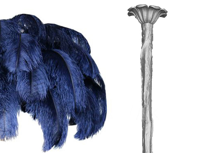 Swatch of navy ostrich feathers beside the silver-finish stem and ceiling cup of this Clérachic chandelier.