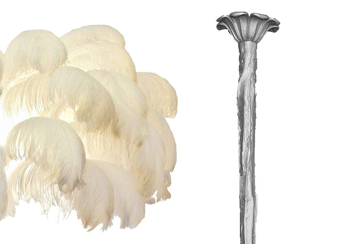 Cream feather sample with the silver-finish carved stem, shown on white for this Clérachic chandelier.