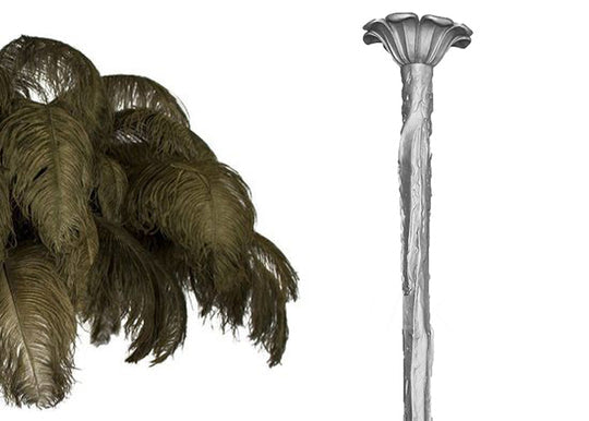 Colour sample for a Clérachic chandelier: olive-brown feathers next to a silver-finish stem, on a plain white backdrop.