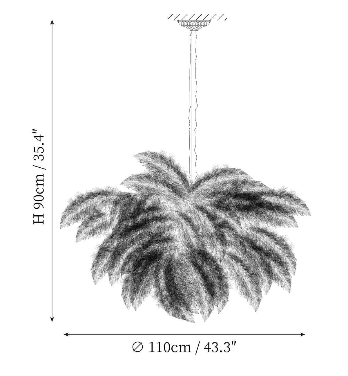 Clérachic pendant light dimension drawing, every measurement marked in centimetres and inches.