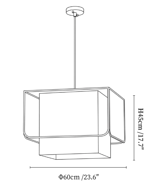 Clérachic pendant light dimension drawing, 1 of 2, every measurement marked in centimetres and inches.