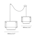 Clérachic pendant light dimension drawing, 2 of 2, every measurement marked in centimetres and inches.