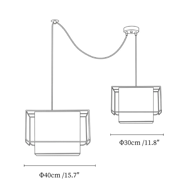 Clérachic pendant light dimension drawing, 2 of 2, every measurement marked in centimetres and inches.