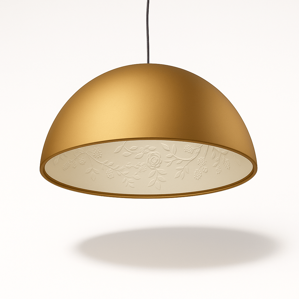 Clérachic gold dome pendant light, unlit, with a pale cream interior moulded in a trailing floral relief.