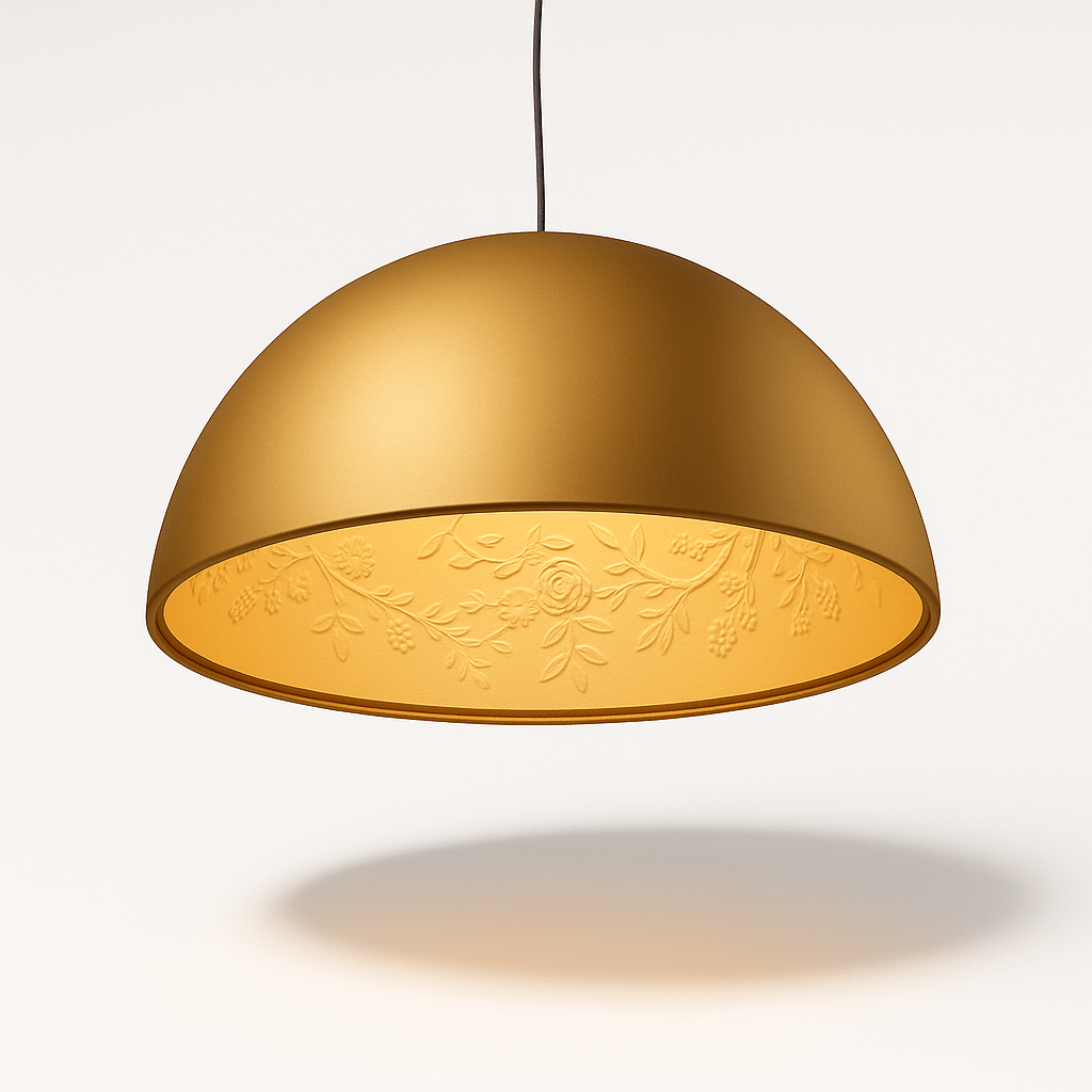Clérachic gold dome pendant light switched on, its relief-patterned interior glowing a warm amber.