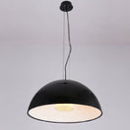 Clérachic glossy black dome pendant light hung on fine wires and a black cord, glowing warm inside, on grey.