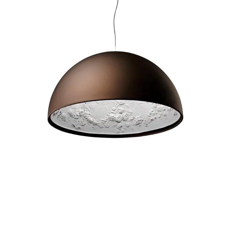 Clérachic brown dome pendant light on white, with a white interior moulded in a floral garland relief.