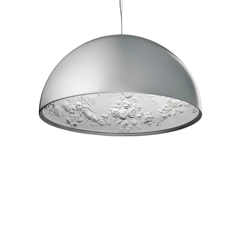 Clérachic dome pendant light in white on white, with a white floral garland relief inside.