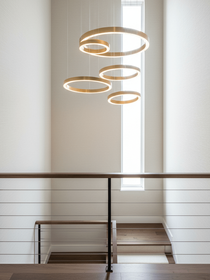 A cascade of five gold rings drops through a stairwell beside a tall narrow window, with a railing below, in a Clérachic ring pendant arrangement.