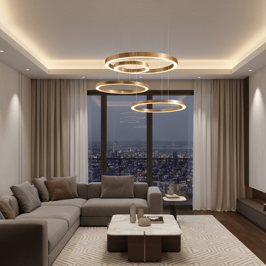 Three lit gold rings hang below a cove-lit ceiling in a grey living room, with a night city view through the window and this Clérachic pendant.