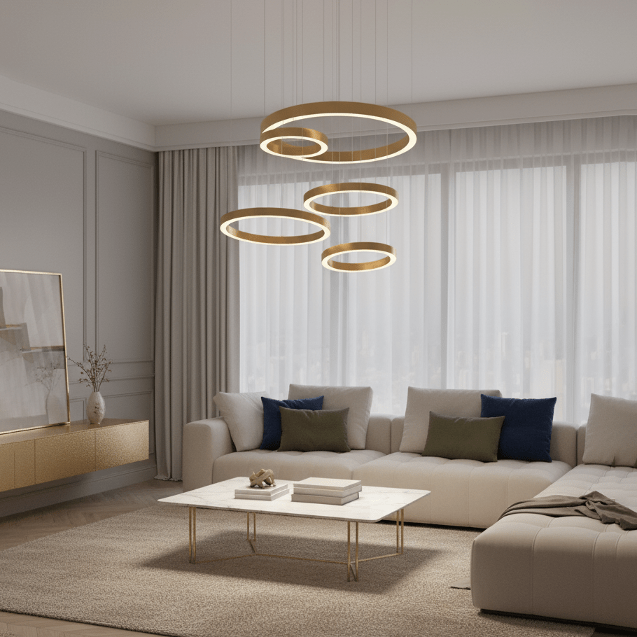 Gold rings in different sizes hang in front of sheer curtains above a pale sofa and marble coffee table, lit by this Clérachic ring pendant.