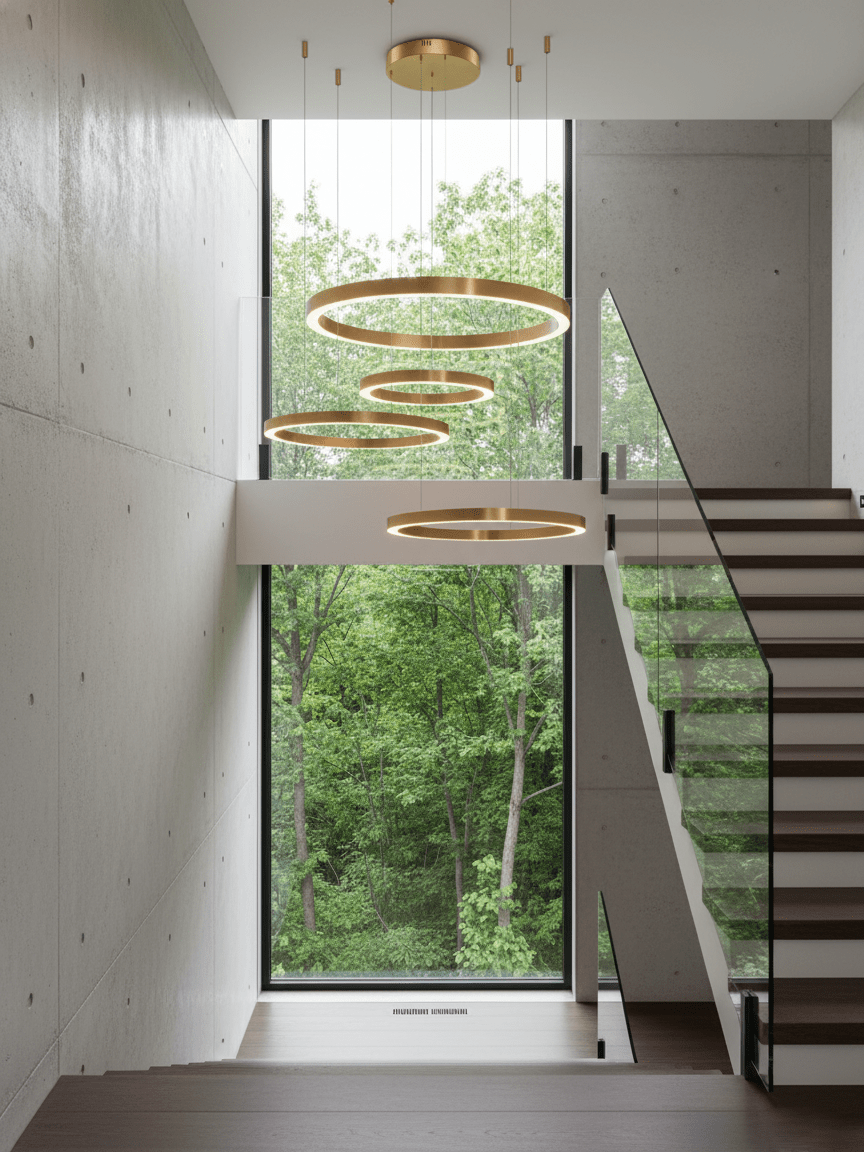 Four gold rings hang over a concrete stairwell with a glass balustrade, a tall window of green trees behind, in a Clérachic ring pendant arrangement.