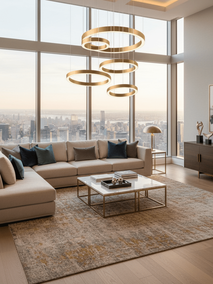 Five gold rings hang from a high ceiling in a corner living room with floor-to-ceiling windows, lit by this Clérachic ring pendant.